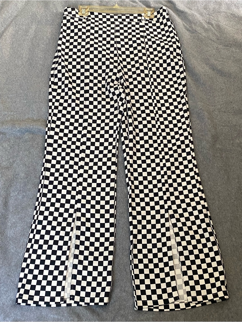 Checkerboard Straight Leg Trousers with Front Slit - Black & White